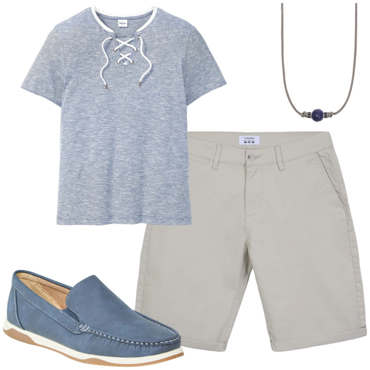 Outfit uomo - Total look #2204943. Stile Casual per Tutti i giorni. Abbinamento con t-shirt, scarpe stringate, bermuda, collane.