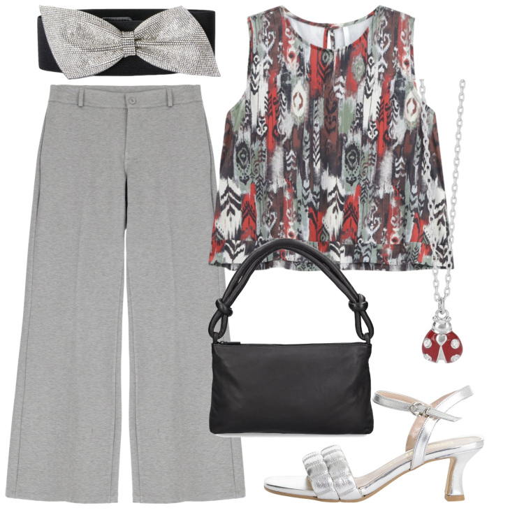Outfit donna - Serata fuori. Stile Bon Ton per Serata fuori. Abbinamento con collane, pantaloni a palazzo, sandali col tacco, top, cinture, borse a spalla.