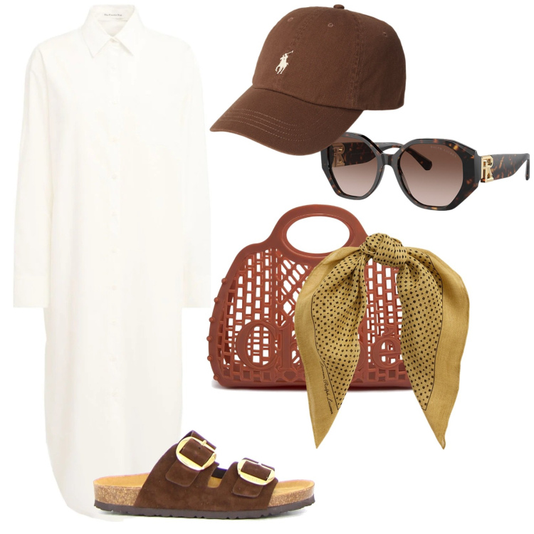 Outfit donna - Accessori in primo piano. per Mare. Abbinamento con foulard, cappelli, occhiali da sole, vestiti lunghi, ciabatte, borse a mano.