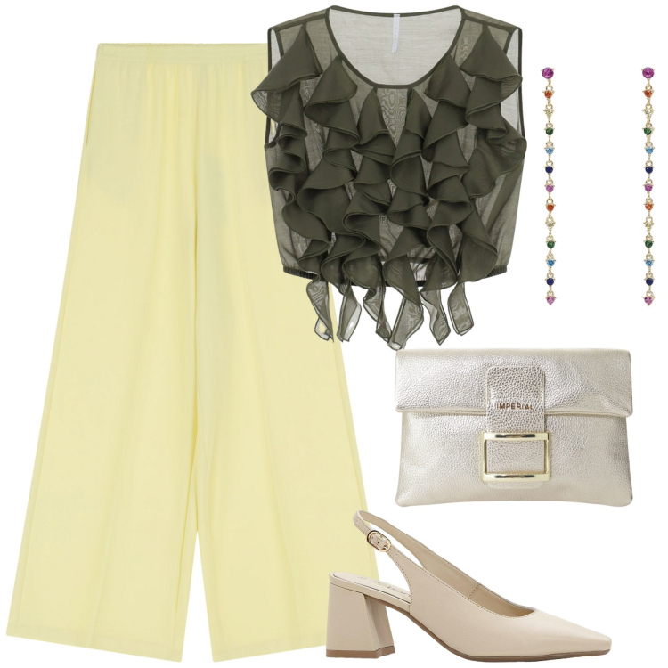 Outfit donna - Estate al top. Stile Glamour per Serata fuori. Abbinamento con décolleté, orecchini, pantaloni, top, pochette.