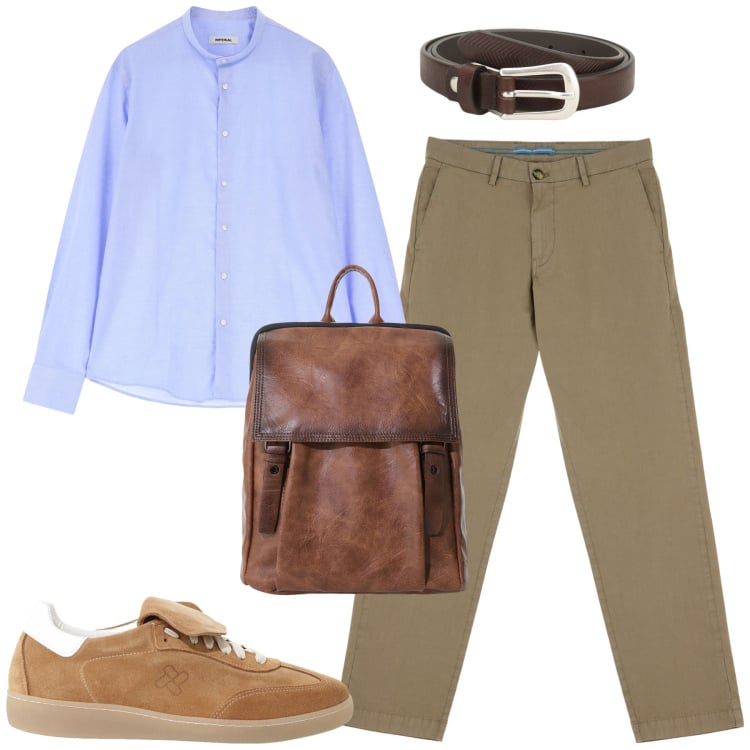 Outfit uomo - In ufficio. Stile Business/Elegante per Ufficio. Abbinamento con pantaloni chino, camicie, borse sportive, sneakers, cinture.