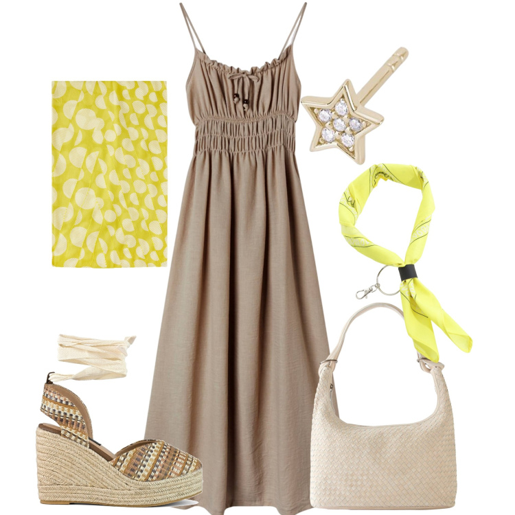 Outfit donna - Accessori in primo piano 3. Stile Etnico per Tutti i giorni. Abbinamento con shopping bag, vestiti lunghi, orecchini, foulard, zeppe, stole.
