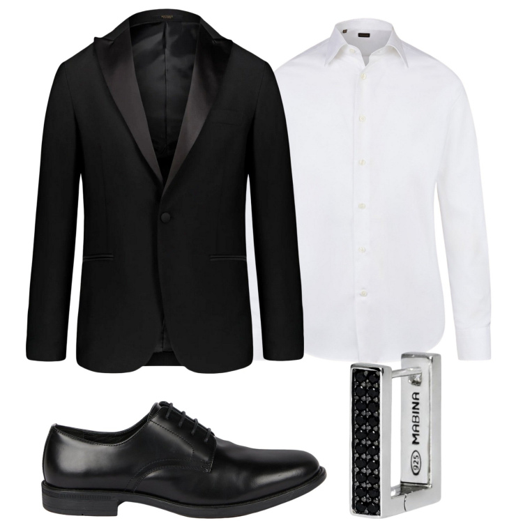 Outfit uomo - Smoking. Stile Business/Elegante per Cerimonia. Abbinamento con orecchini, scarpe stringate, abiti, camicie.