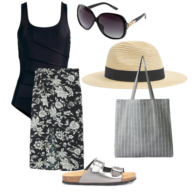 Outfit donna - Eleganza in spiaggia. per Mare. Abbinamento con occhiali da sole, costumi interi, shopping bag, cappelli, vestiti da spiaggia, ciabatte.
