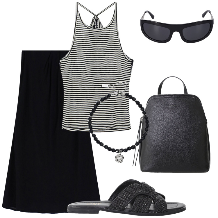 Outfit donna - I love black. Stile Casual per Tutti i giorni. Abbinamento con braccialetti, zaini, top, gonne lunghe, sandali, occhiali da sole.