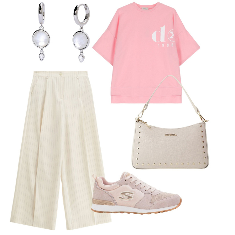 Outfit donna - Colori leggeri. per Tutti i giorni. Abbinamento con sneakers, orecchini, pantaloni a palazzo, borse a spalla, t-shirt.