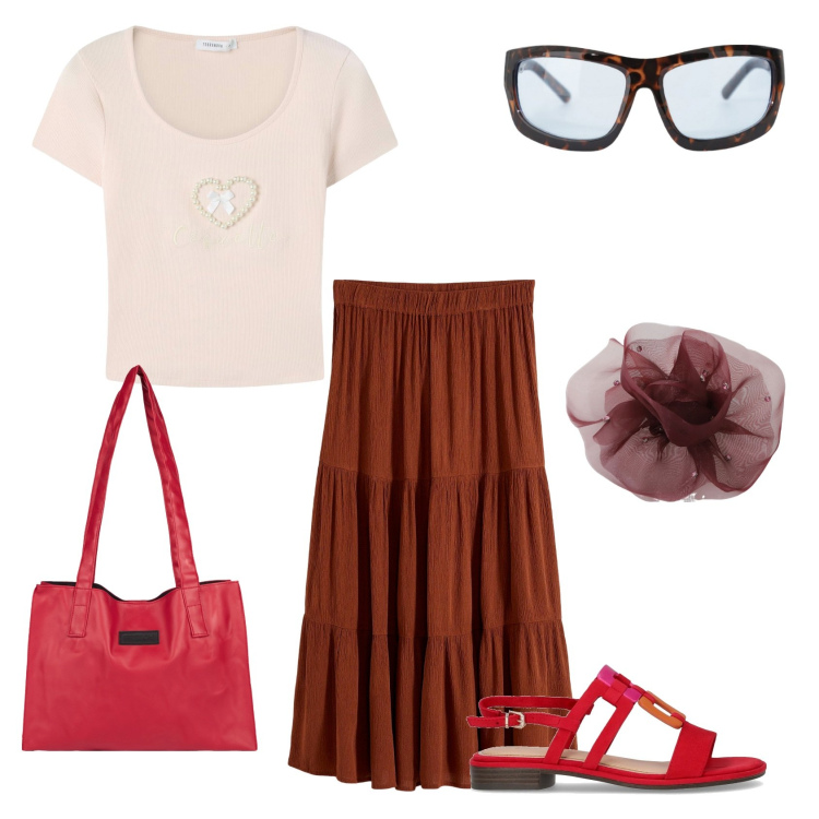 Outfit donna - Total look #2204963. Stile Casual per Ufficio. Abbinamento con gonne longuette, t-shirt, occhiali da sole, foulard, shopping bag, sandali.