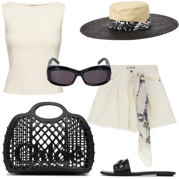 Outfit donna - Tres chic! Accessori in primo piano. Stile Chic per Tutti i giorni. Abbinamento con shorts, cappelli, top, sandali gioiello, borse a mano, occhiali da sole.