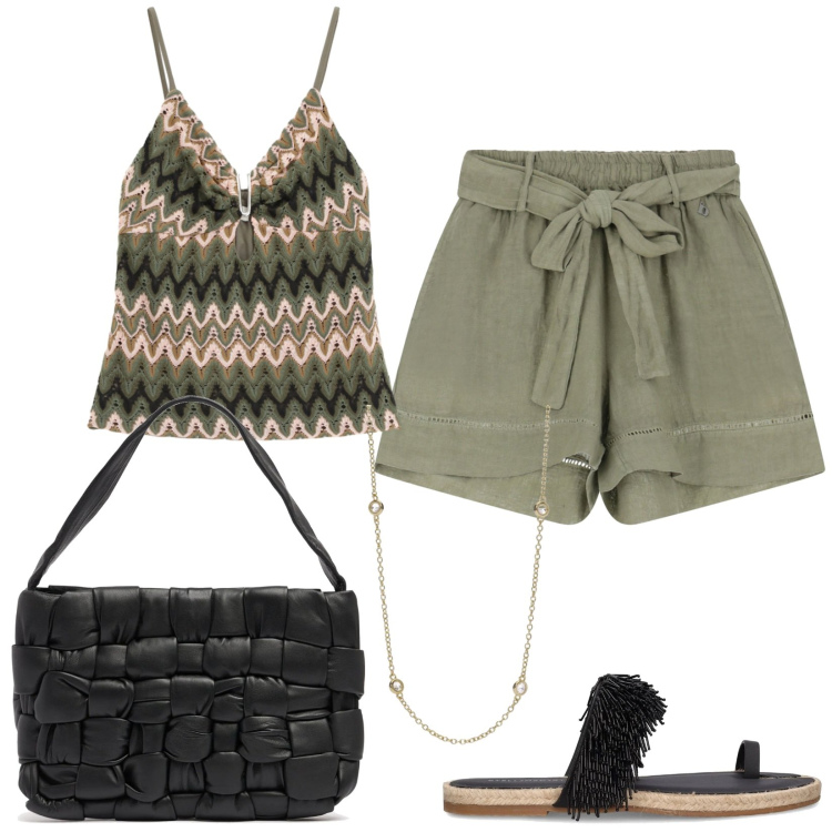 Outfit donna - Total look #2204982. Stile Casual per Tutti i giorni. Abbinamento con collane, shorts, top, shopping bag, sandali in pelle.