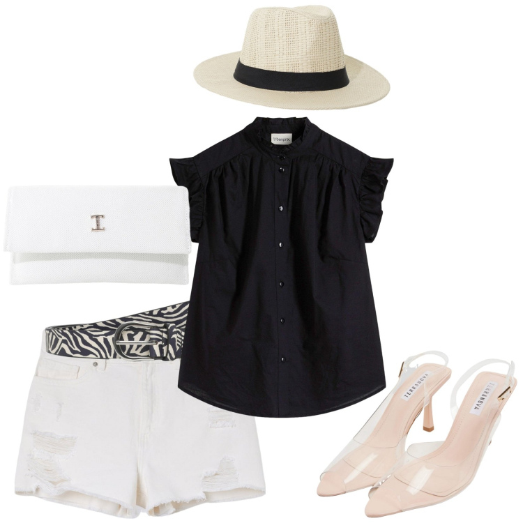 Outfit donna - Total look #2204984. Stile Casual per Tutti i giorni. Abbinamento con bluse, shorts, sandali col tacco, cinture, borse a tracolla, cappelli.