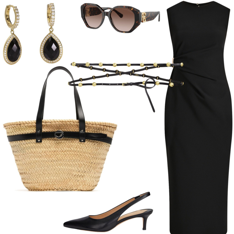 Outfit donna - Tres chic! Accessori in primo piano. Stile Chic per Serata fuori. Abbinamento con orecchini, vestiti a tubino, décolleté, cinture, occhiali da sole, shopping bag.