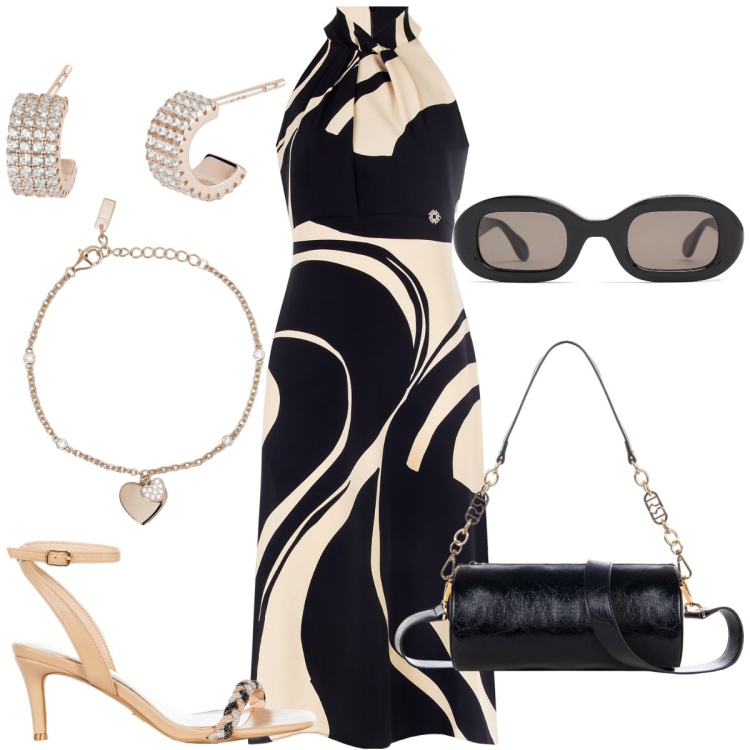 Outfit donna - Aperitivo. Stile Chic per Serata fuori. Abbinamento con borse a mano, sandali in pelle, vestiti midi/longuette, orecchini, braccialetti con ciondoli, occhiali da sole.