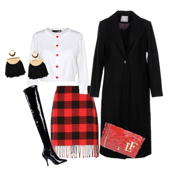 Outfit donna - La scozzese con gli stivali. Stile Trendy per Serata fuori. Abbinamento con cardigan lavorato a maglia collo tondo a maniche lunghe in seta tinta unita, borsa a mano mini contrasto effetto vernice interno sfoderato tinta unita, cappotto collo con revers a maniche lunghe interno foderato tinta unita, stivali con zip a punta in pelle sintetica tinta unita, orecchini, minigonna taglio dritto a quadri con frange rosso e bordeaux e nero.