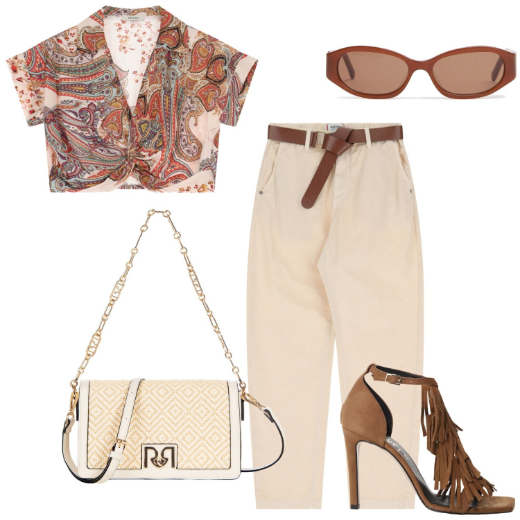 Outfit donna - Total look #2204990. Stile Urban per Tutti i giorni. Abbinamento con borse a tracolla, pantaloni chino, décolleté, top, occhiali da sole.