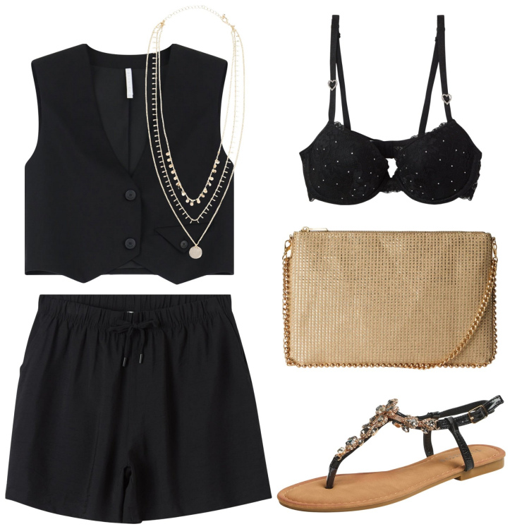 Outfit donna - Gilet sexy e shorts. Stile Casual chic per Tutti i giorni. Abbinamento con collane, borse a tracolla, bermuda, sandali gioiello, reggiseni push-up, gilet.