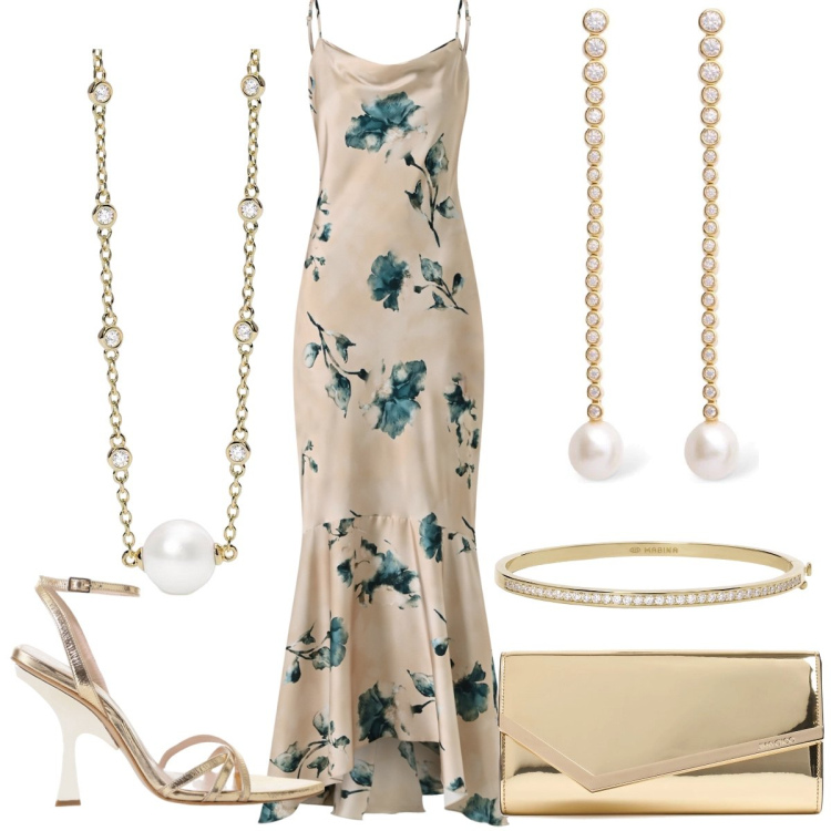 Outfit donna - Cerimonia. Stile Glamour per Cerimonia. Abbinamento con braccialetti, collane, vestiti lunghi, sandali col tacco, pochette, orecchini.