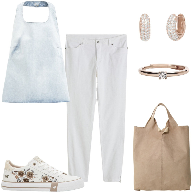 Outfit donna - Top in denim schiena scoperta. Stile Basic per Tutti i giorni. Abbinamento con jeans skinny, sneakers, orecchini, anelli, canottiere, shopping bag.
