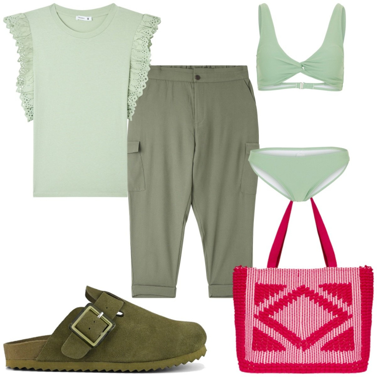 Outfit donna - Outfit monocromatico in verde oliva. Stile Trendy per Mare. Abbinamento con bikini, pantaloni cargo, t-shirt, sabot, borse a mano.