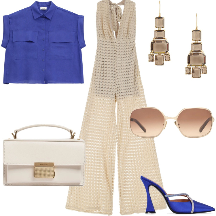 Outfit donna - Blu & sabbia in vacanza. Stile Casual chic per Serata fuori. Abbinamento con tute, camicie a manica corta, orecchini, borse a mano, pantofole, occhiali da sole.