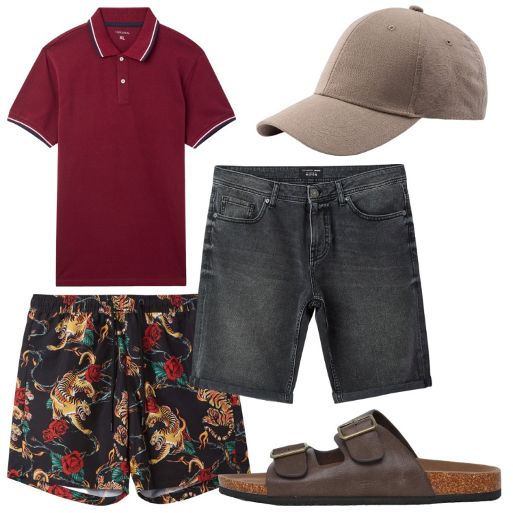Outfit uomo - Maxi polo estiva granata. Stile Trendy per Mare. Abbinamento con costumi, polo, bermuda, sandali, cappelli con visiera.
