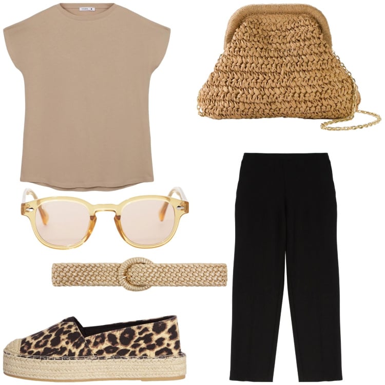 Outfit donna - Black e beige. Stile Casual per Tutti i giorni. Abbinamento con borse a tracolla, espadrillas, cinture, t-shirt, occhiali da sole, pantaloni.