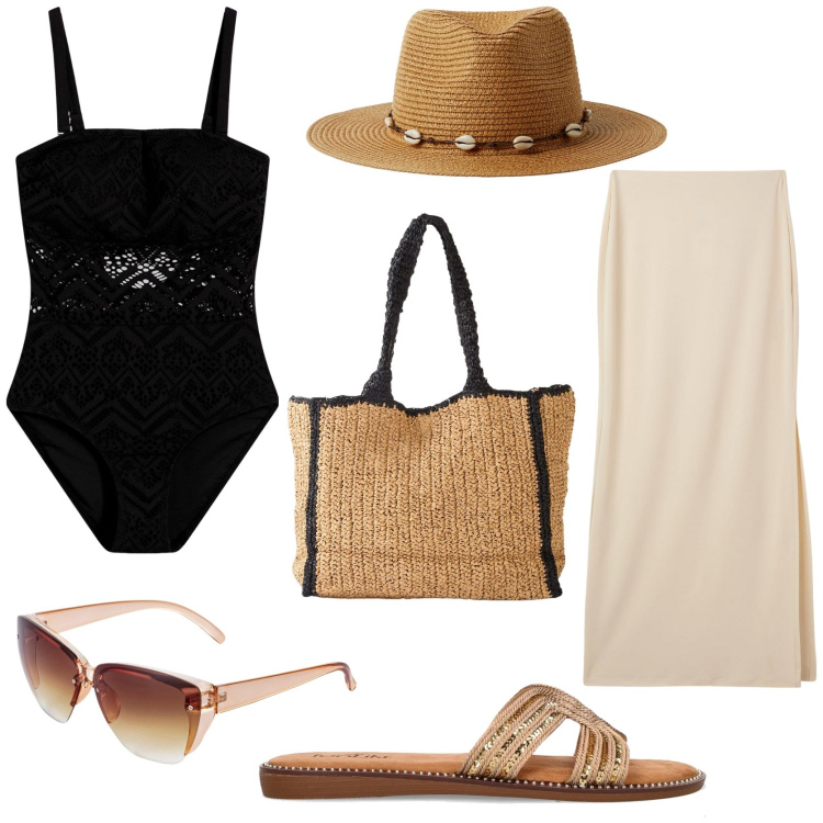 Outfit donna - Glam style. Stile Glamour per Mare. Abbinamento con costumi interi, occhiali da sole, shopping bag, gonne lunghe, cappelli, ciabatte.
