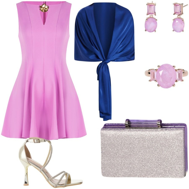 Outfit donna - Per un look elegante e sbarazzino. Stile Chic per Cerimonia. Abbinamento con orecchini, anelli, vestiti corti, pochette, stole, sandali col tacco.