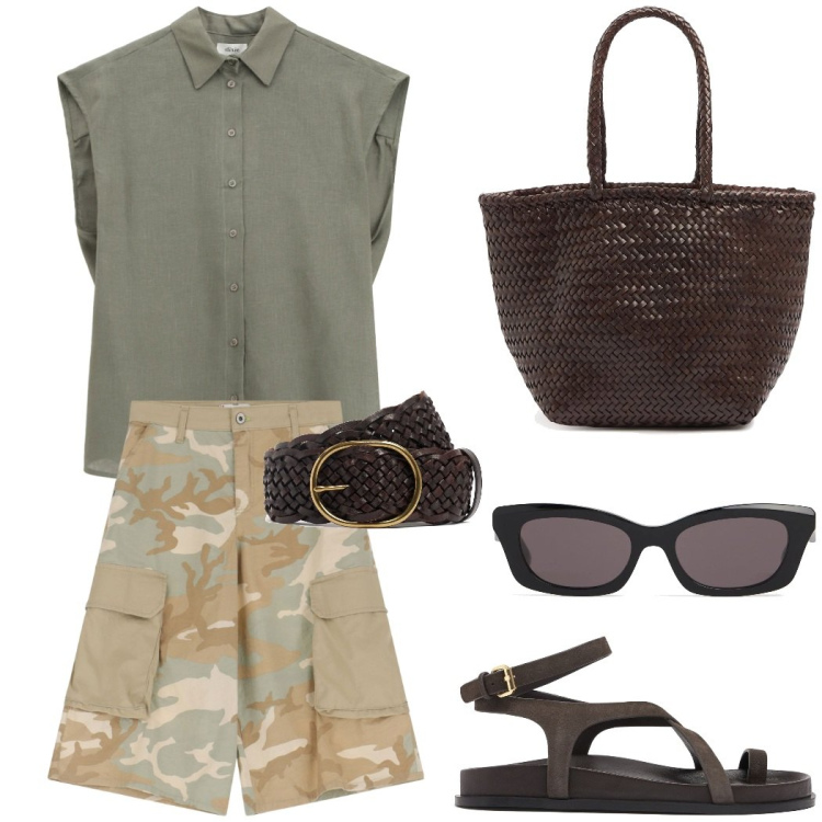 Outfit donna - Urban style. Stile Casual per Tutti i giorni. Abbinamento con bermuda, camicie, borse a secchiello, occhiali da sole, sandali in pelle, cinture.