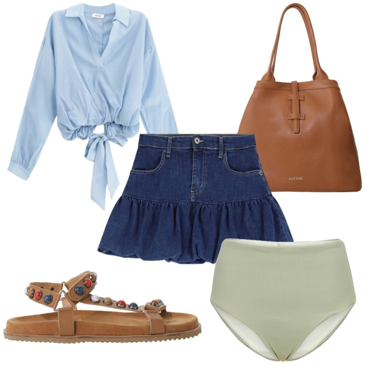 Outfit donna - Total look #2205031. Stile Trendy per Mare. Abbinamento con minigonne, borse tote, bluse, sandali, bikini.