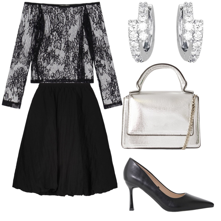 Outfit donna - Anni 50 60 con gonna a ruota. Stile Vintage retrò per Serata fuori. Abbinamento con borse a tracolla, orecchini, décolleté, maglieria, gonne longuette.