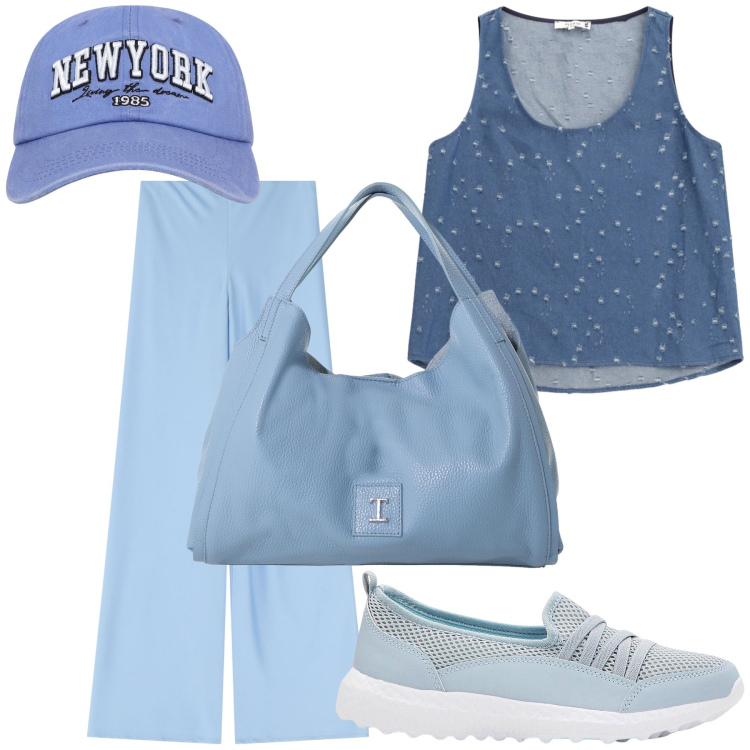 Outfit donna - Sky. Stile Casual chic per Tutti i giorni. Abbinamento con sneakers, cappelli, top, pantaloni, pochette.