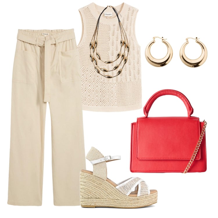 Outfit donna - Beige chiaro con twist rosso. Stile Casual chic per Tutti i giorni. Abbinamento con top, pantaloni, orecchini, borse a tracolla, zeppe, collane.