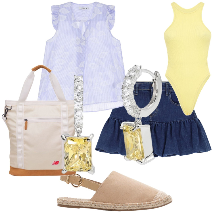 Outfit donna - Gonnellino preppy al mare. Stile Preppy per Mare. Abbinamento con espadrillas, orecchini, shopping bag, minigonne, canottiere, costumi interi.