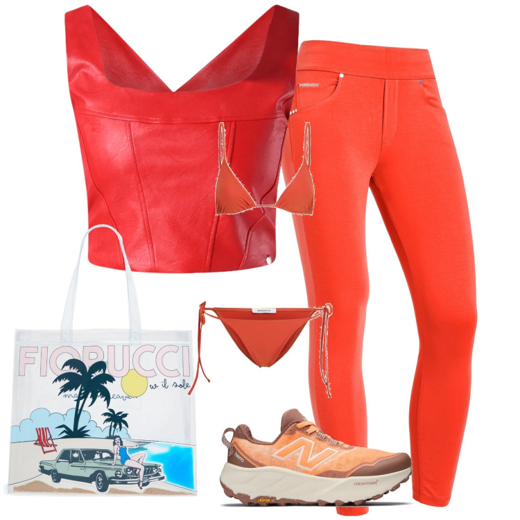 Outfit donna - Fresca aranciata sulla spiaggia. Stile Trendy per Mare. Abbinamento con sneakers, top, jeggings, borse tote, bikini.