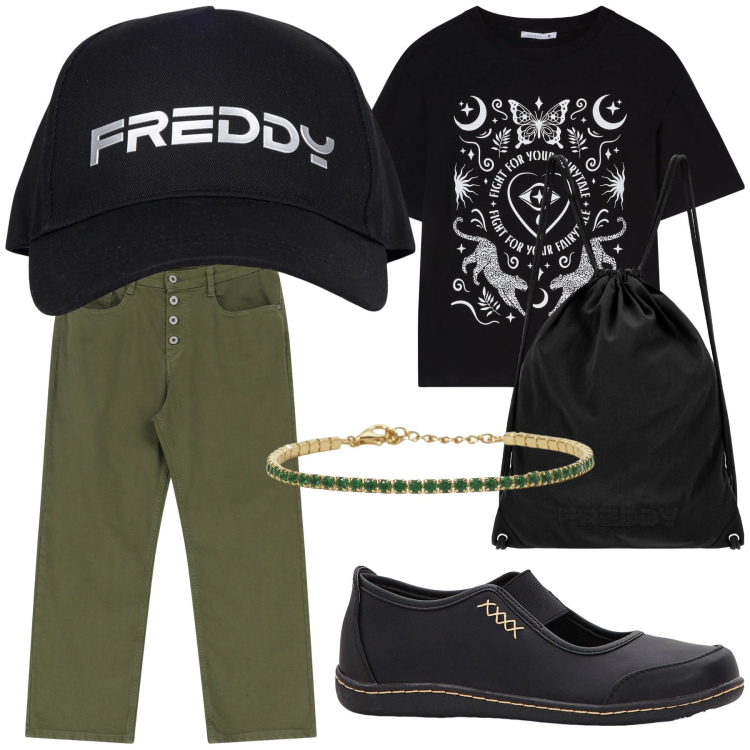 Outfit donna - Un bracciale tennis per passeggiare. Stile Casual chic per Tutti i giorni. Abbinamento con ballerine, t-shirt, braccialetti, pantaloni, cappelli, zaini.