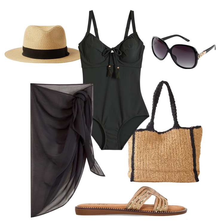 Outfit donna - Spiaggia chik in nero. Stile Glamour per Mare. Abbinamento con shopping bag, occhiali da sole, vestiti da spiaggia, costumi interi, cappelli, ciabatte.