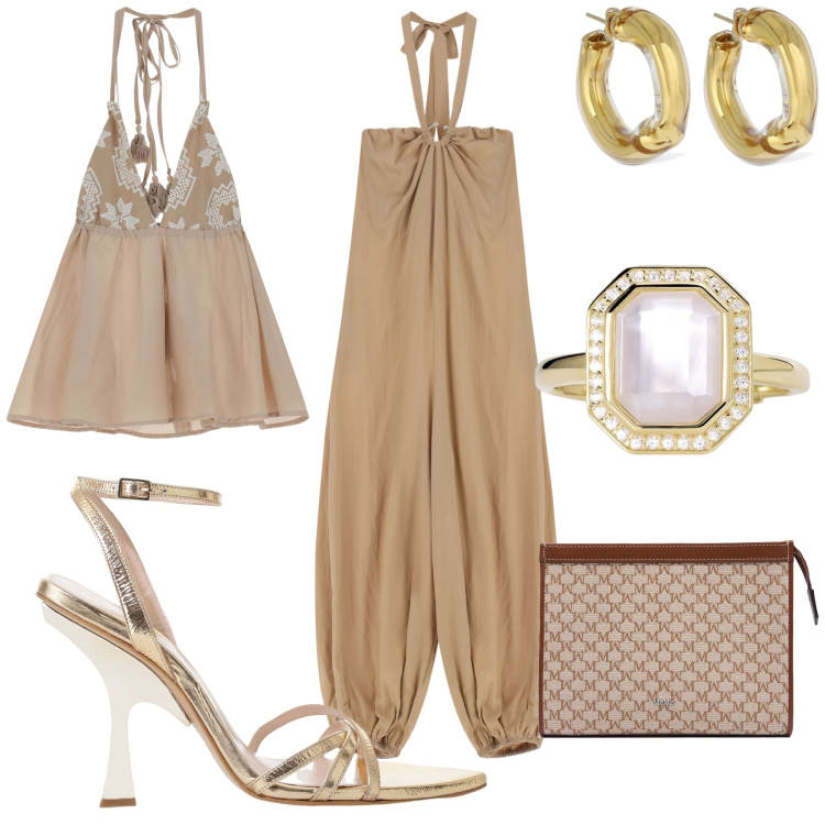 Outfit donna - Total look. Stile Glamour per Serata fuori. Abbinamento con anelli, tute, top, sandali col tacco, orecchini, pochette.