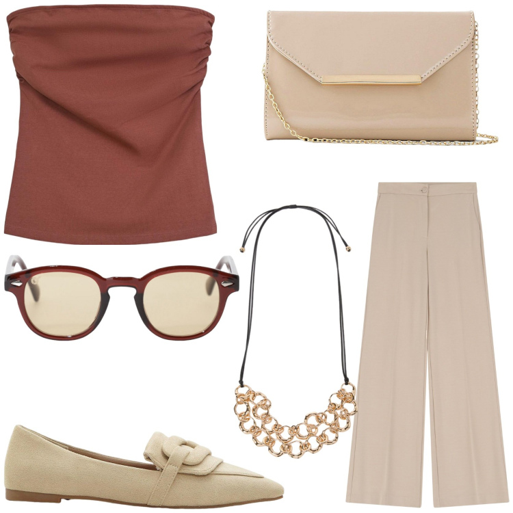 Outfit donna - Old Money. Stile Chic per Tutti i giorni. Abbinamento con pochette, mocassini, top, occhiali da sole, pantaloni, collane.