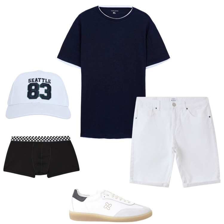 Outfit uomo - Black and white. Stile Casual per Tutti i giorni. Abbinamento con cappelli, bermuda, boxer, t-shirt, sneakers.