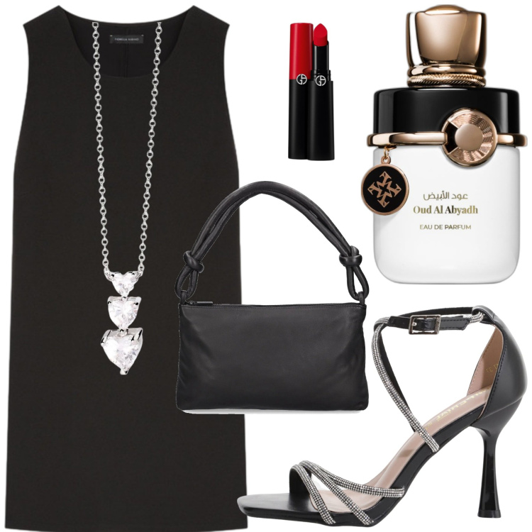Outfit donna - Noir. Stile Urban per Tutti i giorni. Abbinamento con profumi, rossetti, collane, sandali col tacco, vestiti corti, borse a spalla.