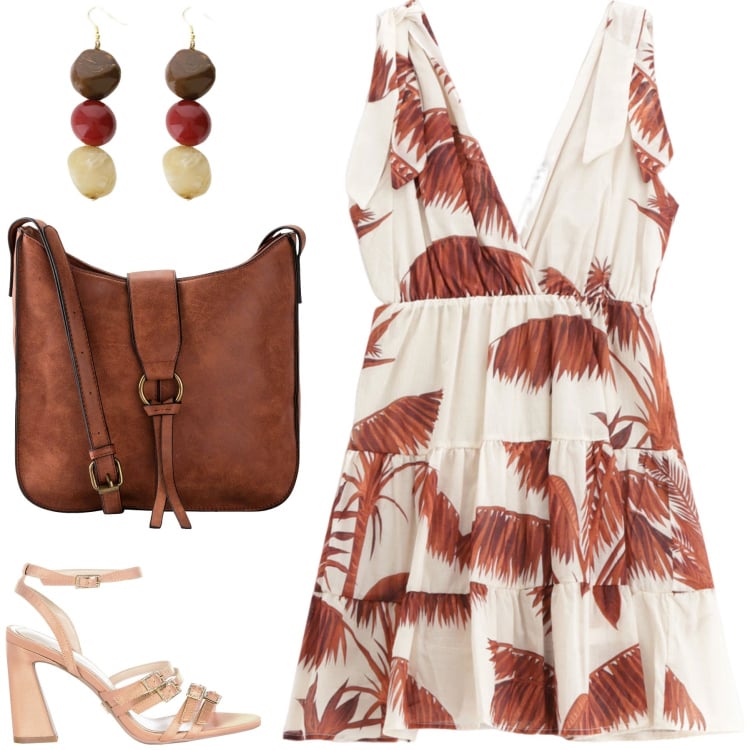 Outfit donna - Total look #2205056. Stile Boho per Tutti i giorni. Abbinamento con borse a tracolla, sandali col tacco, vestiti corti, orecchini.