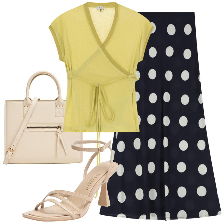 Outfit donna - Total look #2205058. Stile Bon Ton per Tutti i giorni. Abbinamento con shopping bag, sandali col tacco, gonne lunghe, top.