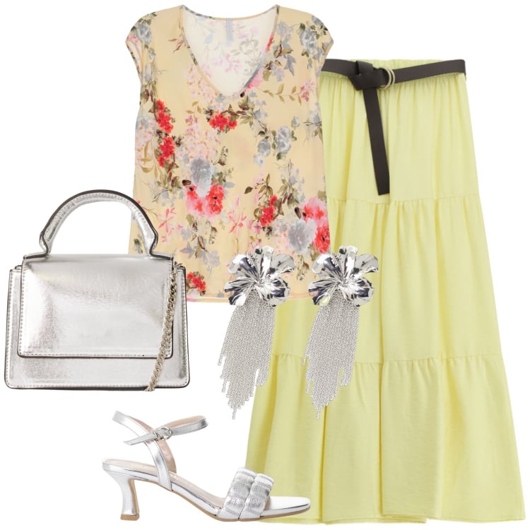 Outfit donna - Total look #2205060. Stile Boho per Tutti i giorni. Abbinamento con borse a tracolla, gonne lunghe, sandali col tacco, top, orecchini.