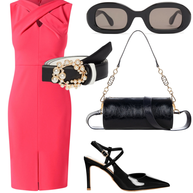 Outfit donna - Rosso e accessori. Stile Chic per Serata fuori. Abbinamento con vestiti a tubino, décolleté, borse a mano, cinture, occhiali da sole.