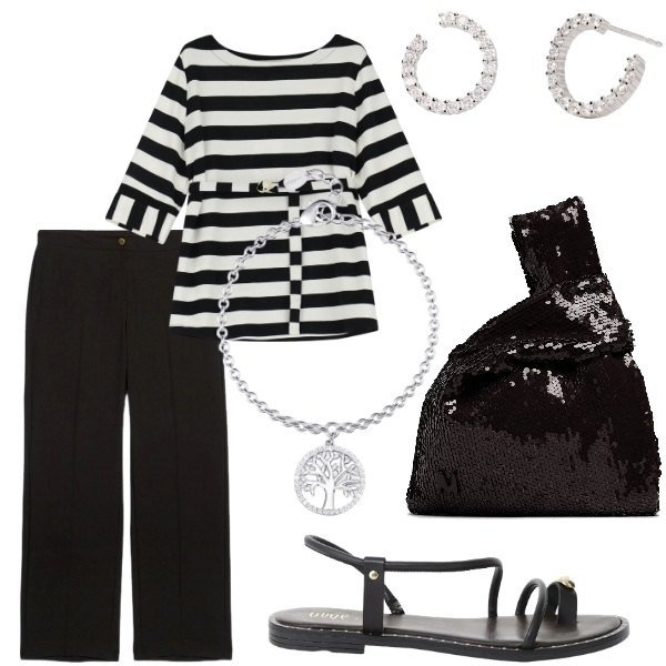 Outfit donna - Le serate di Luglio. Stile Casual per Tutti i giorni. Abbinamento con braccialetti con ciondoli, orecchini, felpe, sandali, pantaloni, pochette.