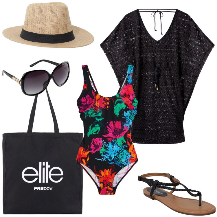 Outfit donna - Il costume intero a fantasia floreale. Stile Casual chic per Mare. Abbinamento con costumi interi, occhiali da sole, vestiti da spiaggia, ciabatte, cappelli, shopping bag.