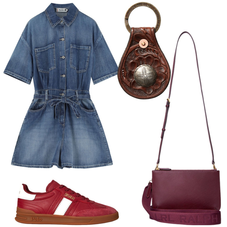 Outfit donna - Please Summer. Stile Urban per Tutti i giorni. Abbinamento con tuta corta, sneakers, portachiavi, borse a tracolla.