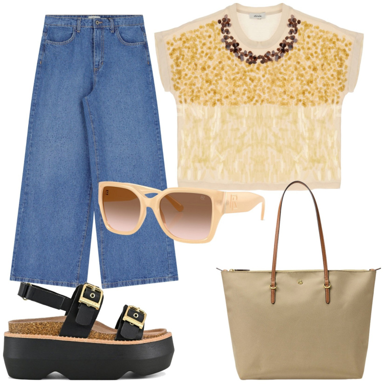 Outfit donna - Dixie Summer sales. Stile Trendy per Ufficio. Abbinamento con t-shirt, jeans, borse tote, occhiali da sole, sandali col tacco.