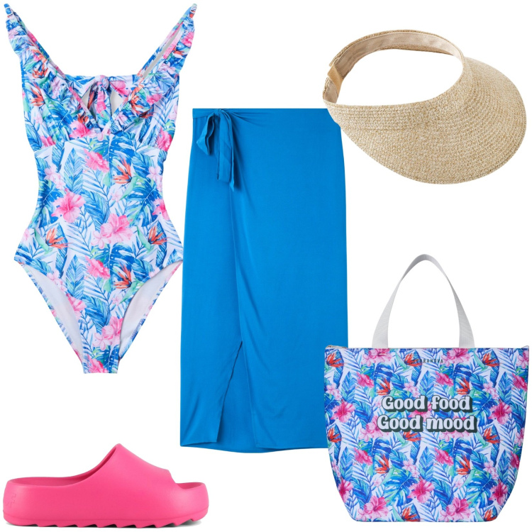 Outfit donna - Il costume intero a fantasia floreale. Stile Romantica per Mare. Abbinamento con cappelli con visiera, vestiti da spiaggia, costumi interi, borse tote, ciabatte.