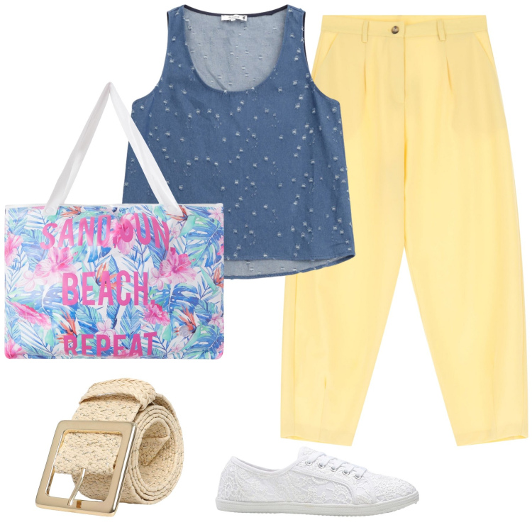 Outfit donna - Total look #2205077. Stile Casual per Tutti i giorni. Abbinamento con sneakers, borse tote, cinture, top, pantaloni.